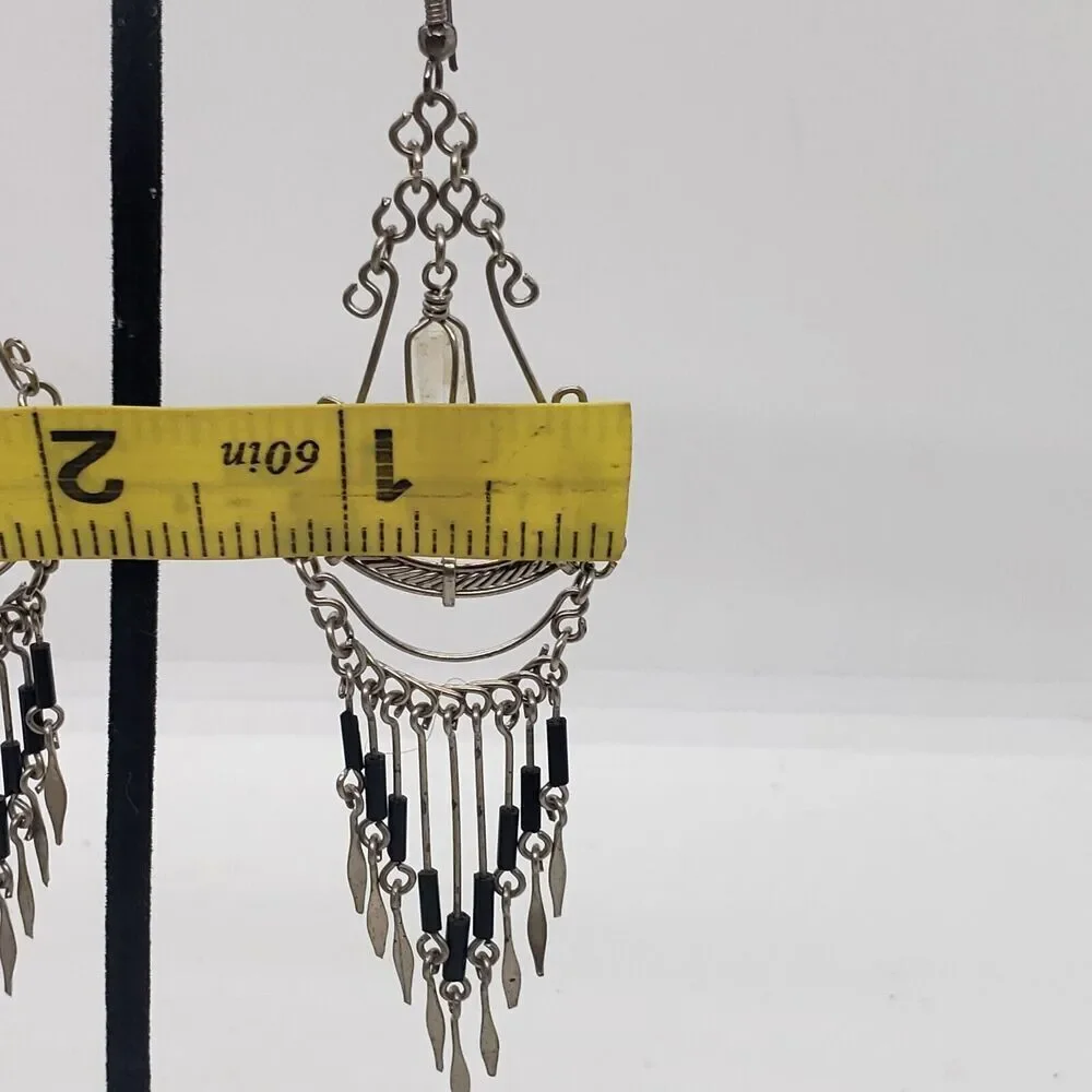 Vtg Silver Clear Quartz & Onyx Beads Handmade Boho Dangle Drop Earrings